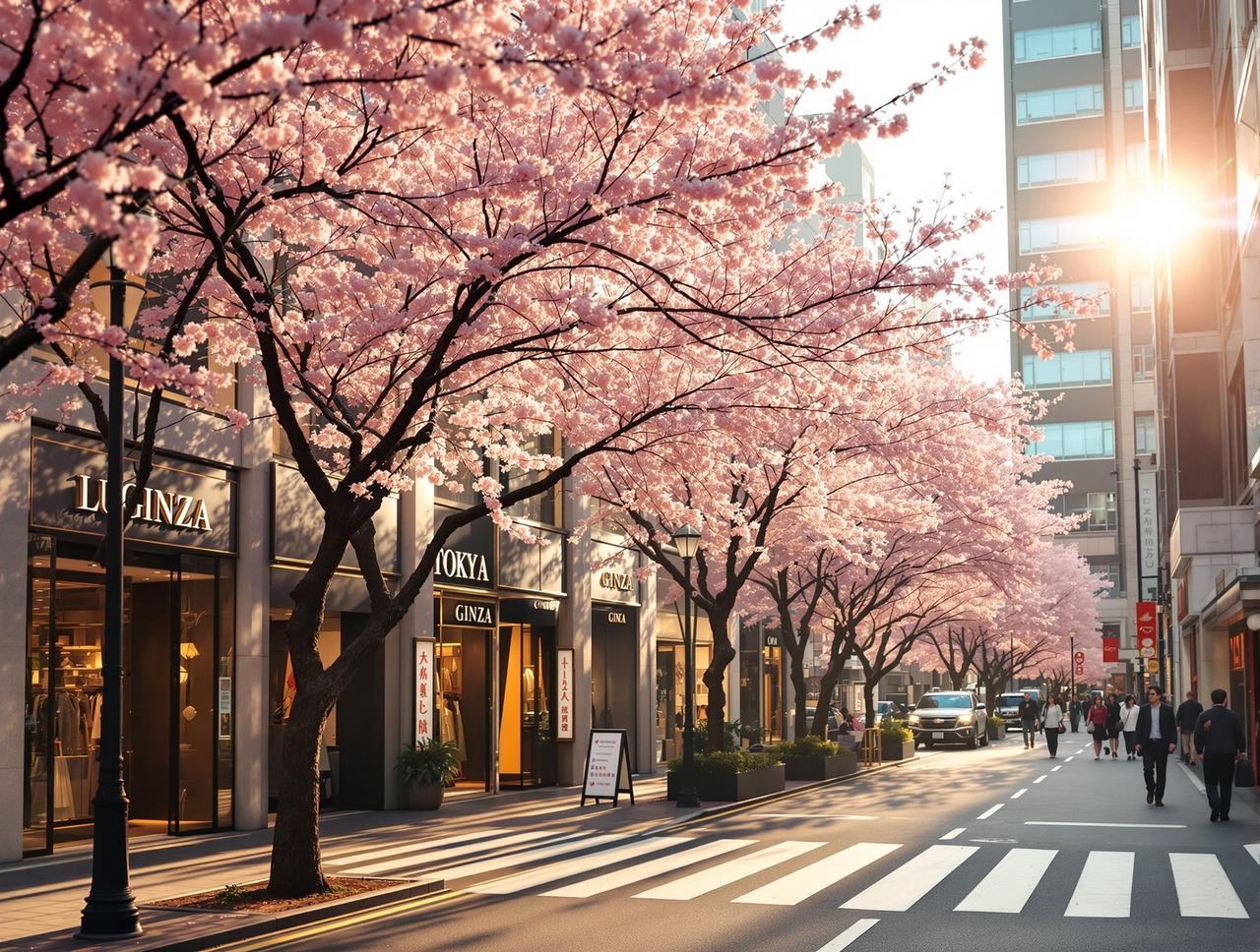 吃瓜事件 - 东京银座街头春日樱花和奢侈品店,浪漫氛围