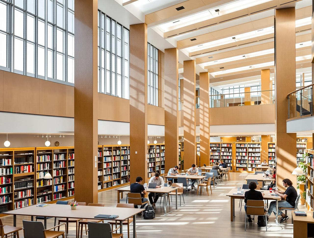 吃瓜事件 - 大学图书馆内景书架和阅读区,学术氛围浓厚